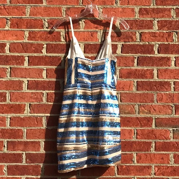 RYSE X Revolve Blue & Gold Sequin Wrap Mini Dress - Picture 12 of 16